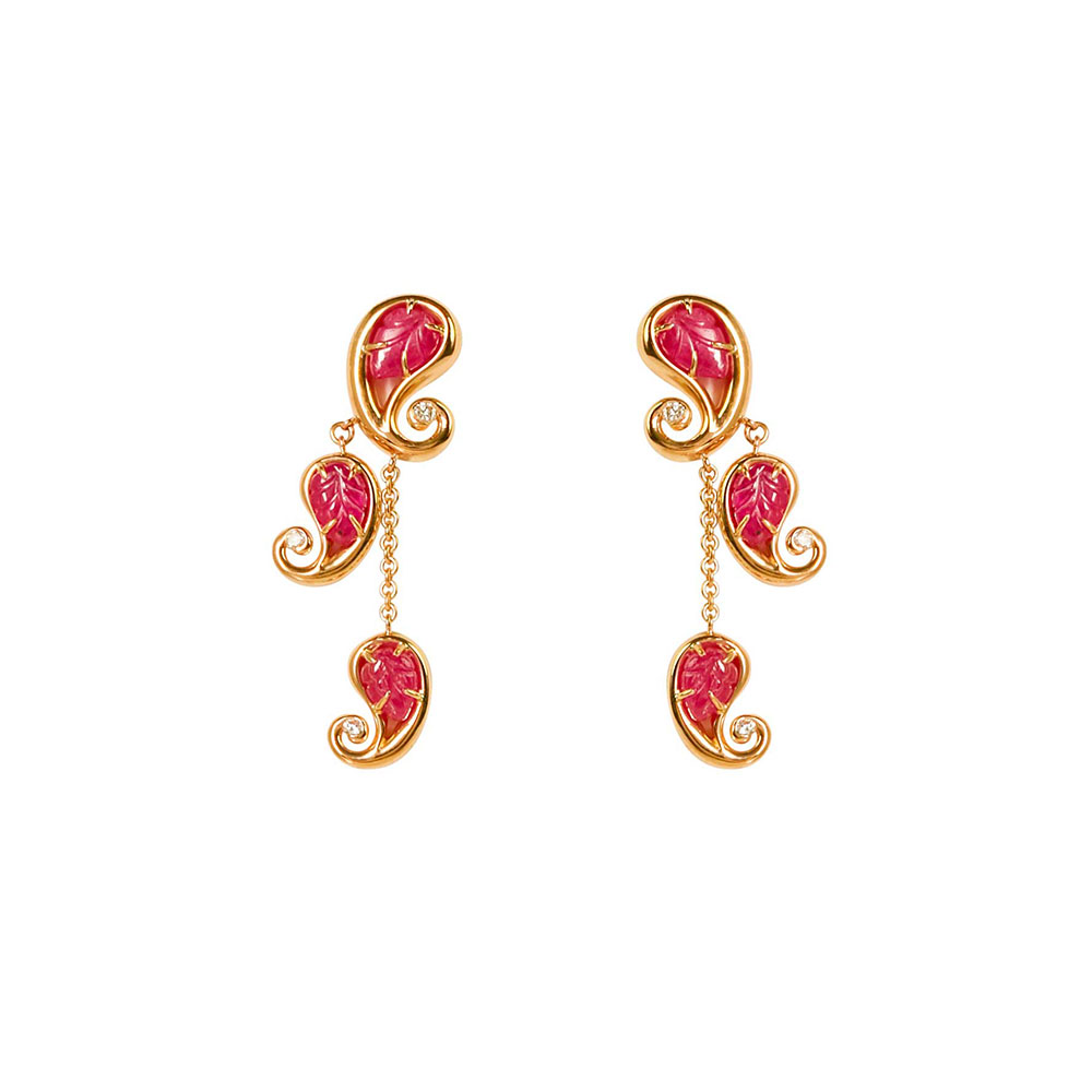 Paisley Earrings with Carved Rubies
