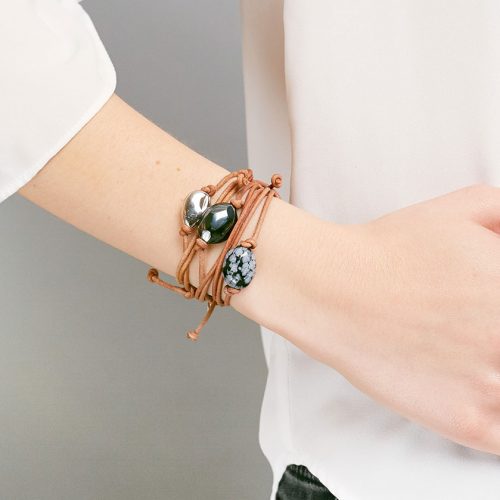 Platinum, Hematite & Snowflake Obsidian Pebble Bracelets