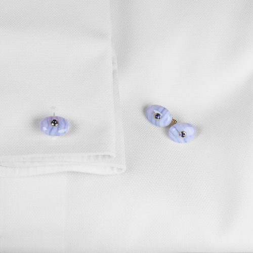 Blue Lace Chalcedony Cuff Links with Sapphires and Knot of True Love connector