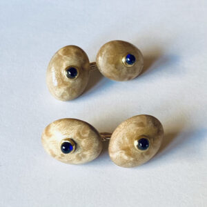 Wooden Elliptical Cuff Links with Sapphires and Knot of True Love Connectors