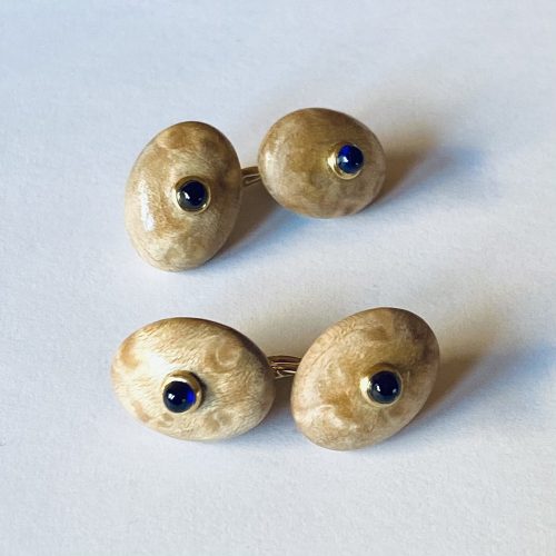 Wooden Elliptical Cuff Links with Sapphires and Knot of True Love Connectors