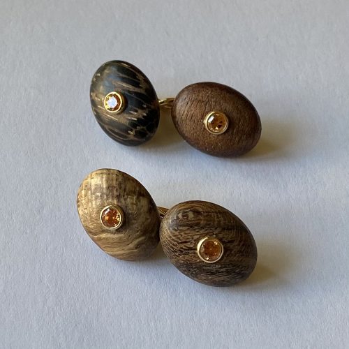 Wooden Elliptical Cuff Links with Spessartite Garnets & Knot of True Love Connectors