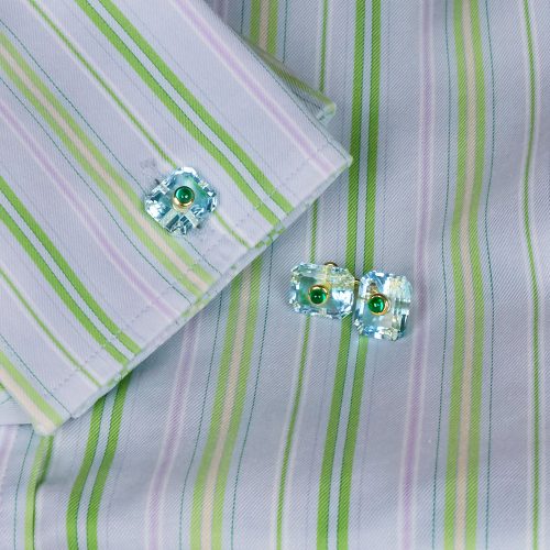 Rectangular Blue Topaz Cuff Links with Emeralds and Knot of True Love Connectors