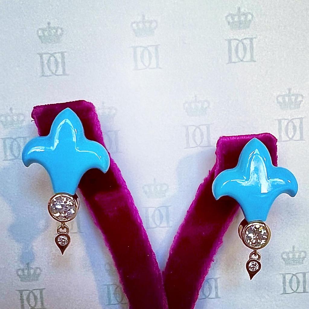 Turquoise Fleur De Lys Earrings with Diamonds #2
