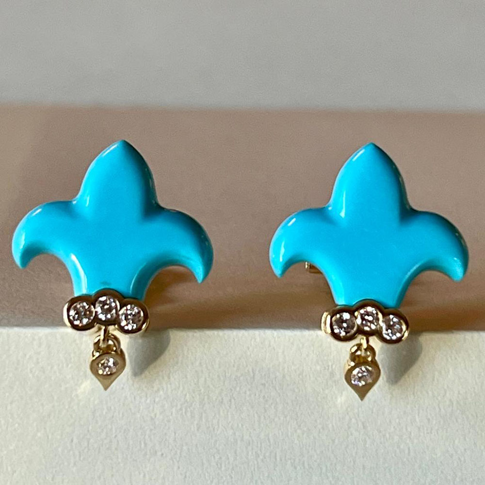 Turquoise Fleur De Lys Earrings with Diamonds